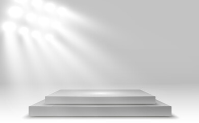 Podium, pedestal or platform, illuminated by spotlights in the background. Vector illustration. Bright light. Light from above. Advertising place	
