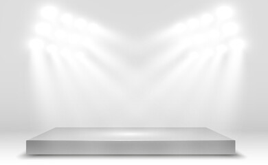 Obraz premium Podium, pedestal or platform, illuminated by spotlights in the background. Vector illustration. Bright light. Light from above. Advertising place 