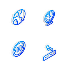 Set Isometric line Clock, Worldwide, Helicopter landing pad and Plane icon. Vector