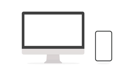 空白のディスプレイのデスクトップパソコンとスマホ - コンピューター･ガジェットのモックアップ素材