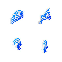 Set Isometric line Sword with blood, Ancient coin, for game and icon. Vector