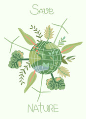 Eco-preservation idea, Nature fueling humanity. Mother earth. Green planet. Global Warming and environmental. Perfect for social ads, cards, banners. Vector illustration.