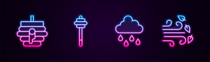 Set line Hive for bees, Honey dipper stick, Cloud with rain and Windy weather. Glowing neon icon. Vector