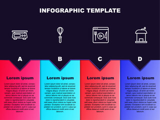Set line Electronic scales, Kitchen whisk, Cooking live streaming and Manual coffee grinder. Business infographic template. Vector