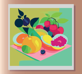 Still life summer vector abstract illustration in bright colors of fruits on the table. Sticker, poster, advertisement, postcard, label design. First small business. Colorful vector illustration. 