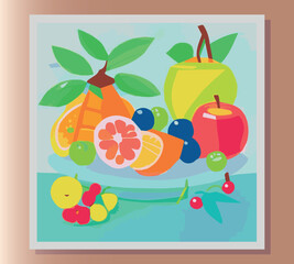 Still life summer vector abstract illustration in bright colors of fruits on the table. Sticker, poster, advertisement, postcard, label design. First small business. Colorful vector illustration. 