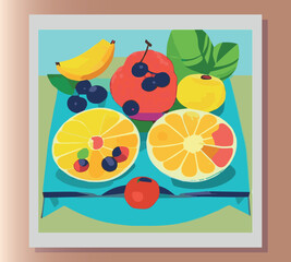 Still life summer vector abstract illustration in bright colors of fruits on the table. Sticker, poster, advertisement, postcard, label design. First small business. Colorful vector illustration. 
