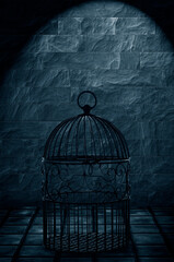 empty birdcage in a dark room 