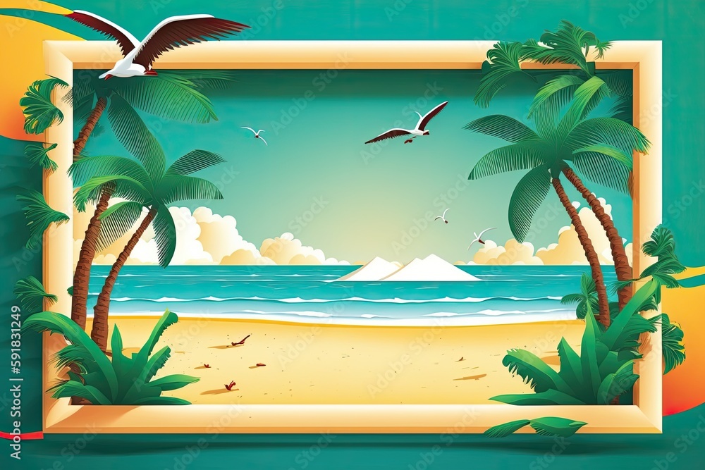 Poster serene beach with palm trees and birds flying in the sky. generative ai