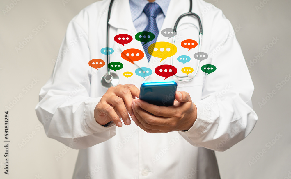 Aufkleber doctor using a smartphone with colorful chat icons on application digital web and social media while