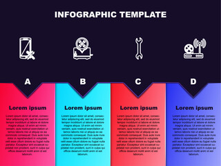 Set line Smartphone service, Toaster, Wrench and Router wi-fi. Business infographic template. Vector