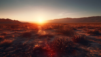 Sunset in the desert plain. Ai generated.