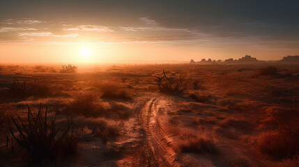 Fototapeta na wymiar Sunset in the desert plain. Ai generated.