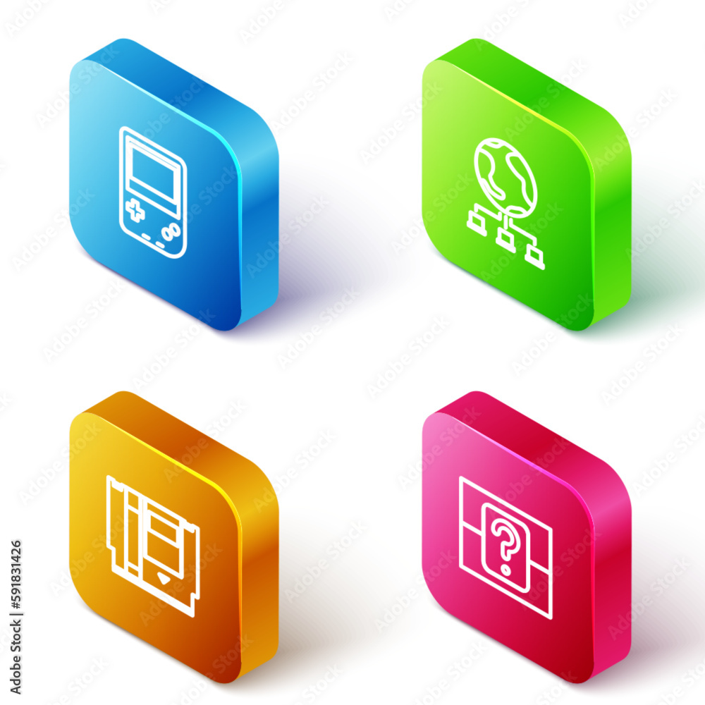 Poster set isometric line portable video game console, computer network, cartridge and mystery random box i