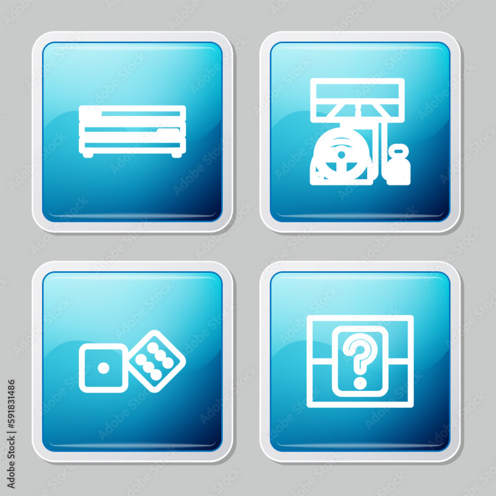 Poster set line video game console, racing simulator cockpit, game dice and mystery random box icon. vector