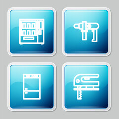 Set line Vending machine, Electric drill, Refrigerator and jigsaw icon. Vector