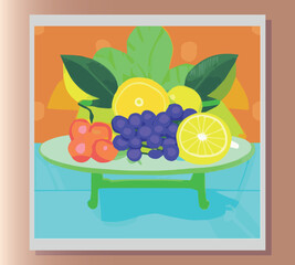 Still life summer vector abstract illustration in bright colors of fruits on the table. Sticker, poster, advertisement, postcard, label design. First small business. Colorful vector illustration. 