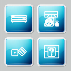 Set line Video game console, Racing simulator cockpit, Game dice and Mystery random box icon. Vector