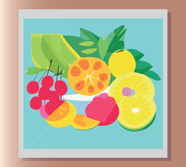 Still life summer vector abstract illustration in bright colors of fruits on the table. Sticker, poster, advertisement, postcard, label design. First small business. Colorful vector illustration. 