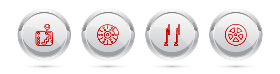 Set line Gear shifter, Car brake disk with caliper, Windscreen wiper and wheel. Silver circle button. Vector
