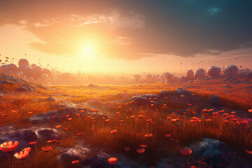 Flower field on another planet. Ai generated