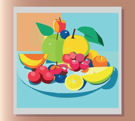 Still life summer vector abstract illustration in bright colors of fruits on the table. Sticker, poster, advertisement, postcard, label design. First small business. Colorful vector illustration. 