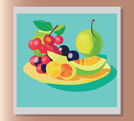 Still life summer vector abstract illustration in bright colors of fruits on the table. Sticker, poster, advertisement, postcard, label design. First small business. Colorful vector illustration. 