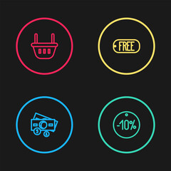Set line Stacks paper money cash, Ten discount percent tag, Price with text Free and Shopping basket icon. Vector