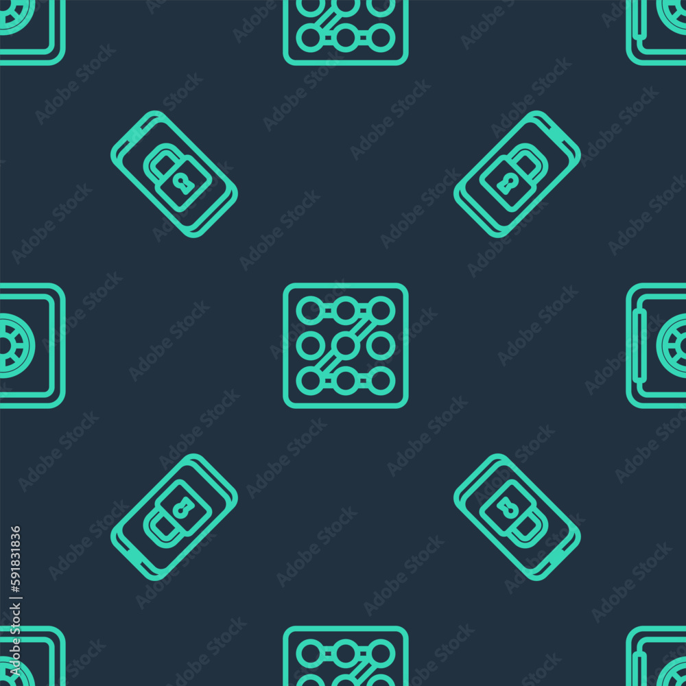 Poster set line graphic password protection, mobile with closed padlock and safe on seamless pattern. vecto