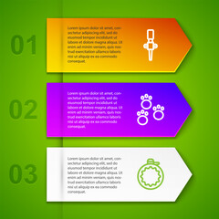 Set line Torch flame, Paw print, Canteen water bottle and Shotgun. Business infographic template. Vector