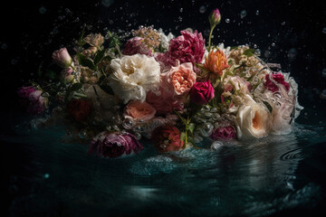 Fototapeta na wymiar Drowning wedding bouquet under water. Ai generated. 