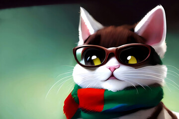 Cat in a scarf with glasses close up, image illustration