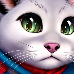 Cat in a blue jacket and a red scarf very close-up, illustration style image