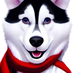 Husky dog in a red scarf close-up portrait, illustration style image