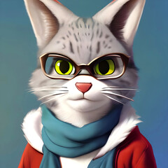 Cat with glasses in a down jacket and a blue scarf, image illustration
