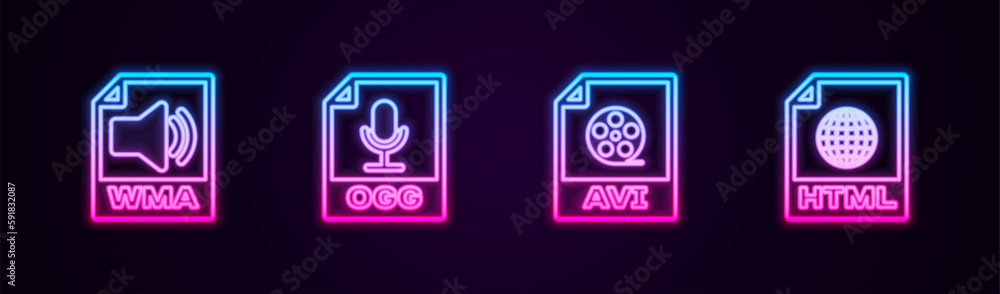 Poster set line wma file document, ogg, avi and html. glowing neon icon. vector