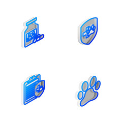 Set Isometric line Animal health insurance, Cat medicine bottle and pills, Clinical record pet and Paw print icon. Vector