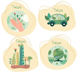 Eco-preservation idea, Nature fueling humanity. Human Hands embracing our green planet. Mother earth. Green planet. Perfect for social ads, cards, banners. Vector.