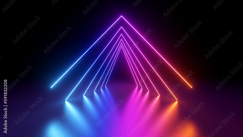 Poster 3d render. abstract geometric neon background. triangular shape. colorful lines glowing in the dark.