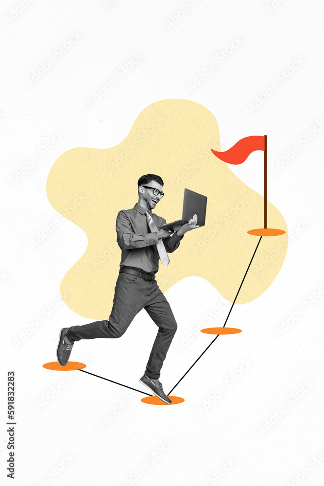 Poster vertical collage picture of positive black white gamma guy use netbook run jump target finish flag i