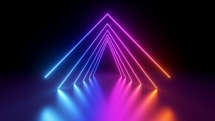 3d render. Abstract geometric neon background. Triangular shape. Colorful lines glowing in the dark. Minimalist wallpaper