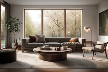 Fototapeta na wymiar Living room in modern style with light and sunshine. Ai generated. 