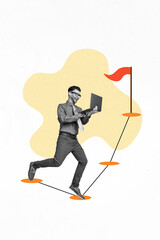 Vertical collage picture of positive black white gamma guy use netbook run jump target finish flag...