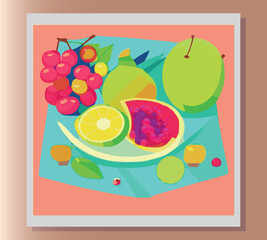 Still life summer vector abstract illustration in bright colors of fruits on the table. Sticker, poster, advertisement, postcard, label design. First small business. Colorful vector illustration. 