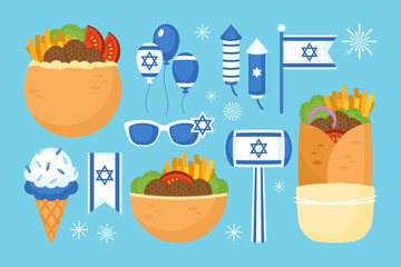 Israel Independence day element set with falafel in pita bread and holiday decorations. Vector illustration