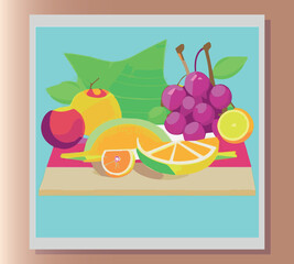 Still life summer vector abstract illustration in bright colors of fruits on the table. Sticker, poster, advertisement, postcard, label design. First small business. Colorful vector illustration. 