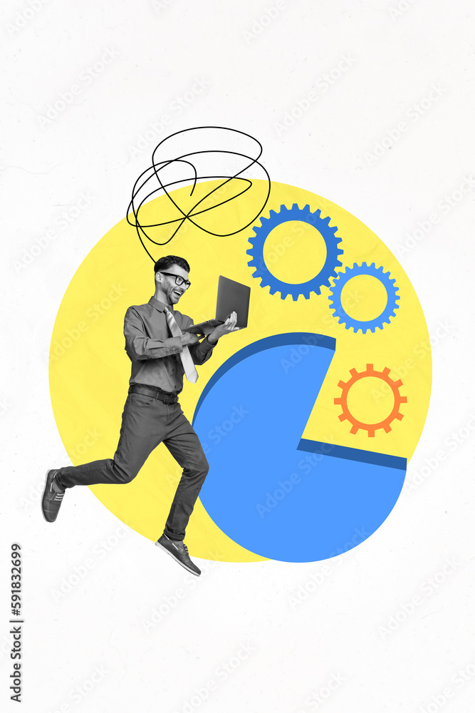 Poster vertical collage image of mini black white colors guy use netbook brainstorm cogwheel gear stats dia