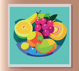 Still life summer vector abstract illustration in bright colors of fruits on the table. Sticker, poster, advertisement, postcard, label design. First small business. Colorful vector illustration. 