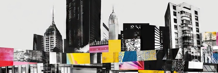  Abstract collage of skyscrapers, business buildings in big city. Surreal skyscraper banner concept, contemporary colors and mood social. Generate AI - obrazy, fototapety, plakaty