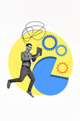 Fototapeta premium Vertical collage image of mini black white colors guy use netbook brainstorm cogwheel gear stats diagram isolated on white background